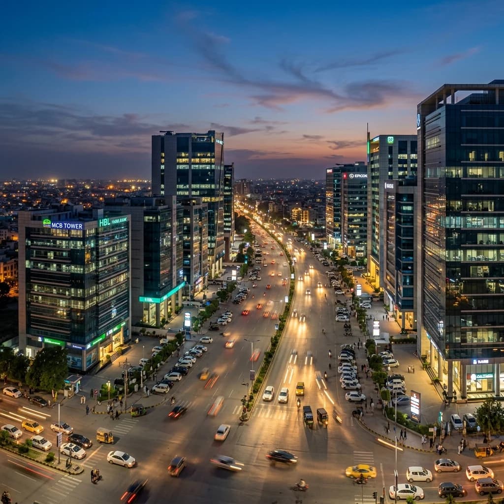 Lahore financial boulevard at dusk with corporate towers